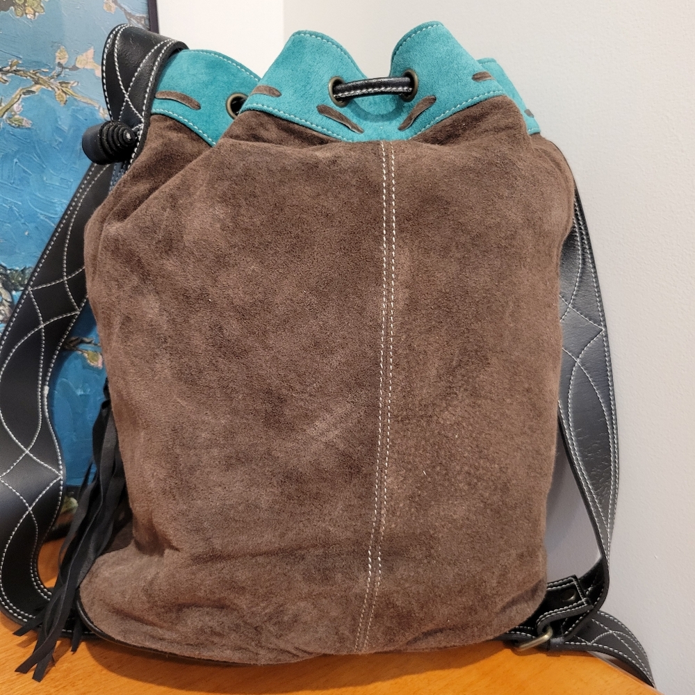 Leather bucket shoulder bag fringe vintage but never used teal & brown purse - Picture 5 of 12